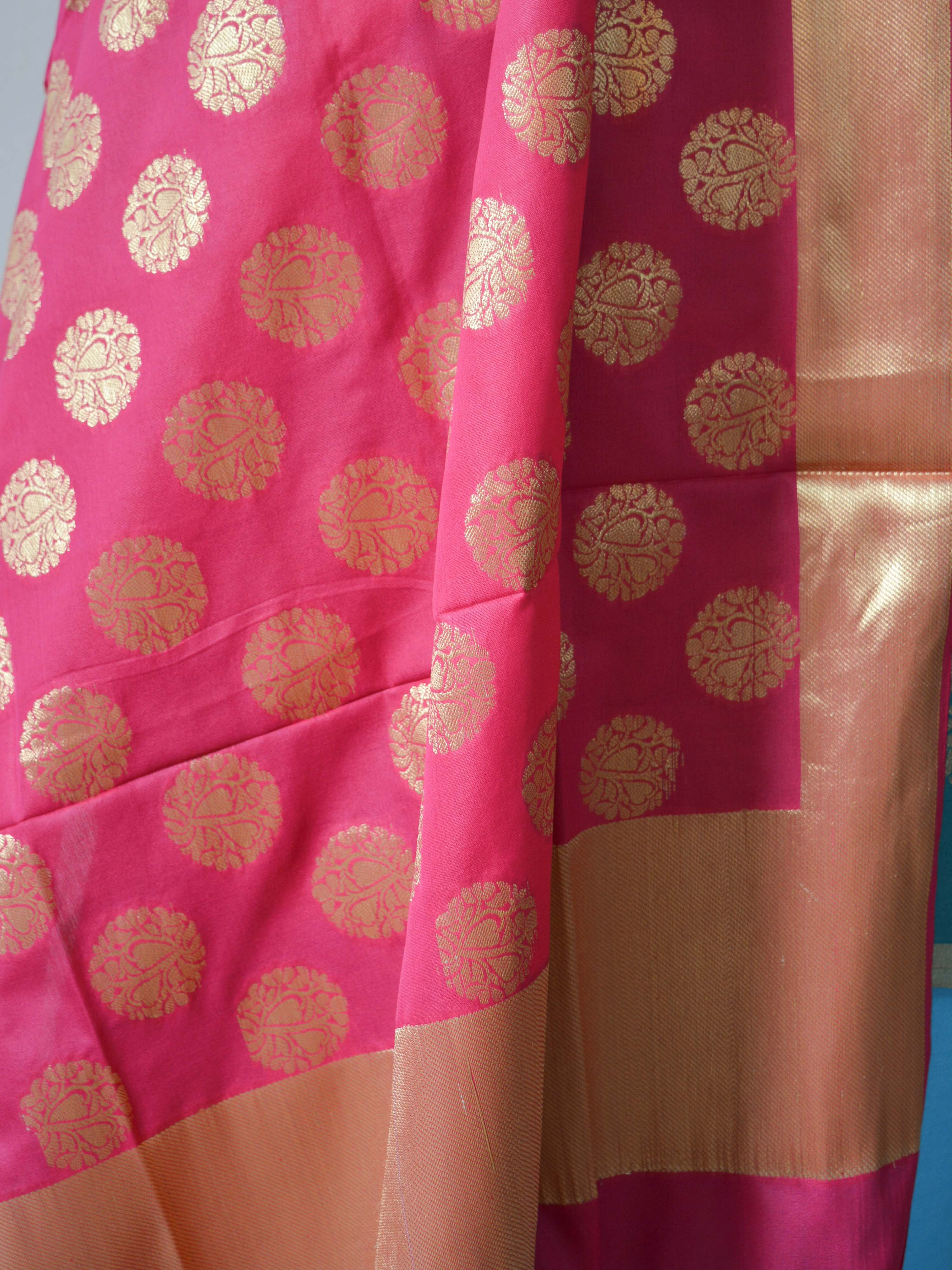 Banarasi Chanderi Cotton Salwar Kameez Fabric With Contrast Pink Art Silk Dupatta-Blue
