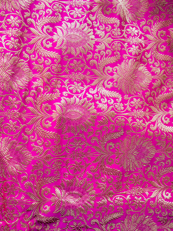 Banarasee Satin Brocade Antique Gold Zari Jaal Fabric-Hot Pink
