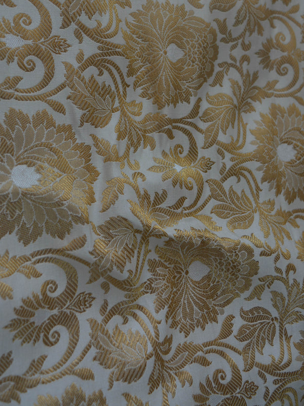Banarasee Satin Brocade Antique Gold Zari Jaal Fabric-Off White