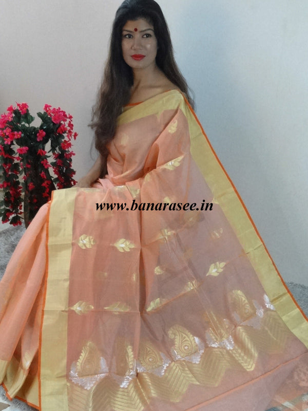 Banarasee Pure Handloom Silk Cotton Saree With Sona Rupa Zari Buti-Peach