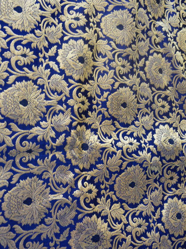 Banarasee Satin Brocade Antique Gold Zari Jaal Fabric-Deep Blue