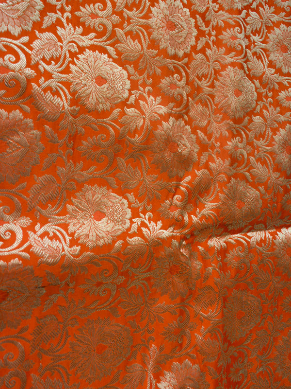 Banarasee Satin Brocade Antique Gold Zari Jaal Fabric-Orange
