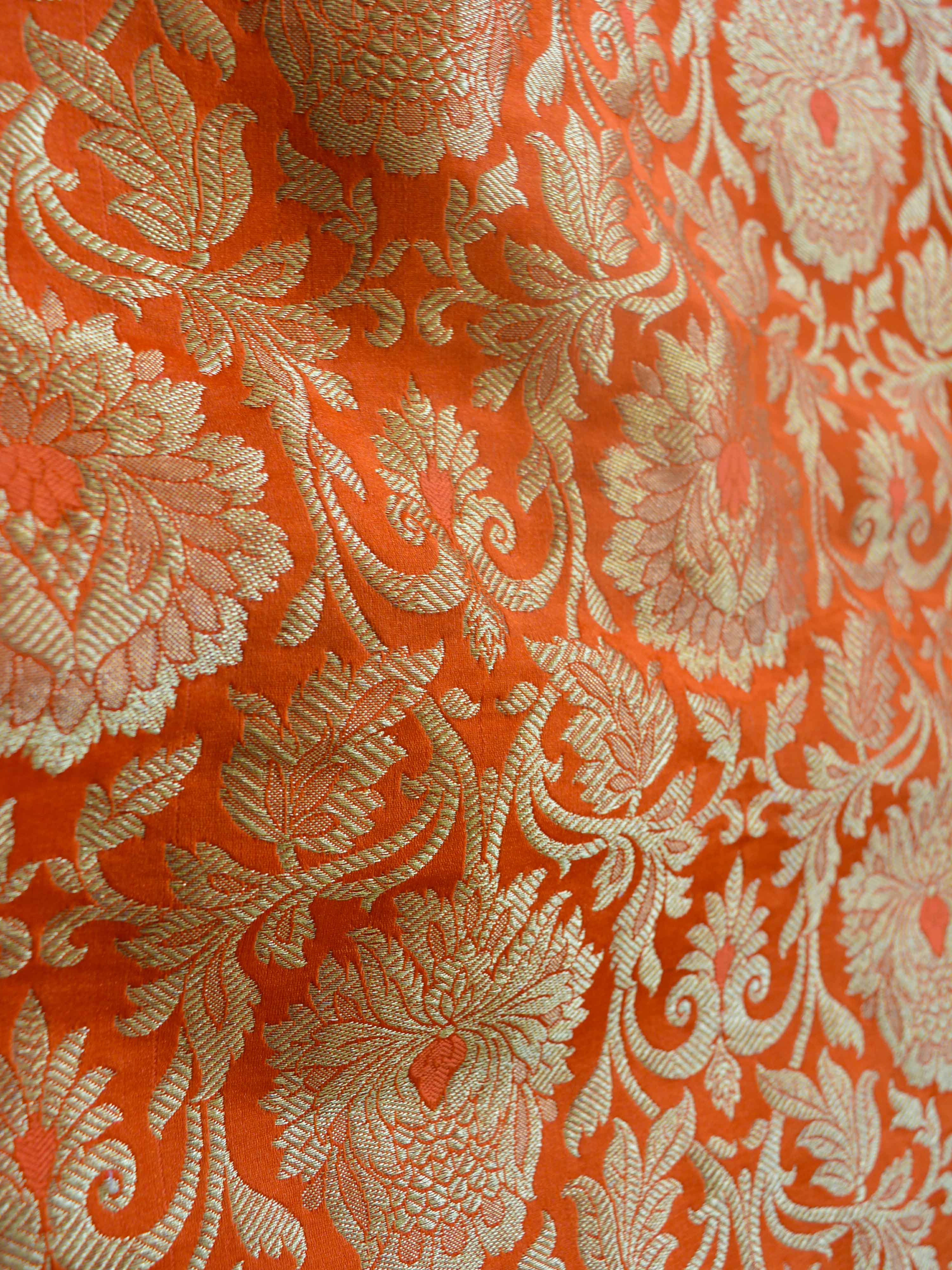 Banarasee Satin Brocade Antique Gold Zari Jaal Fabric-Orange
