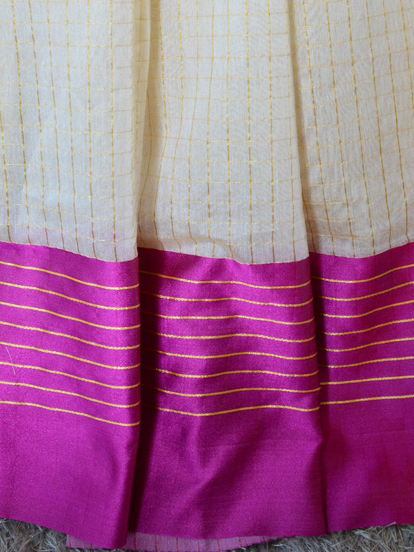 Banarasee/Banarasi Cotton Silk Mix Saree With Golden Checks & Purple Satin Border-Off-White