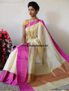 Banarasee/Banarasi Cotton Silk Mix Saree With Golden Checks & Purple Satin Border-Off-White