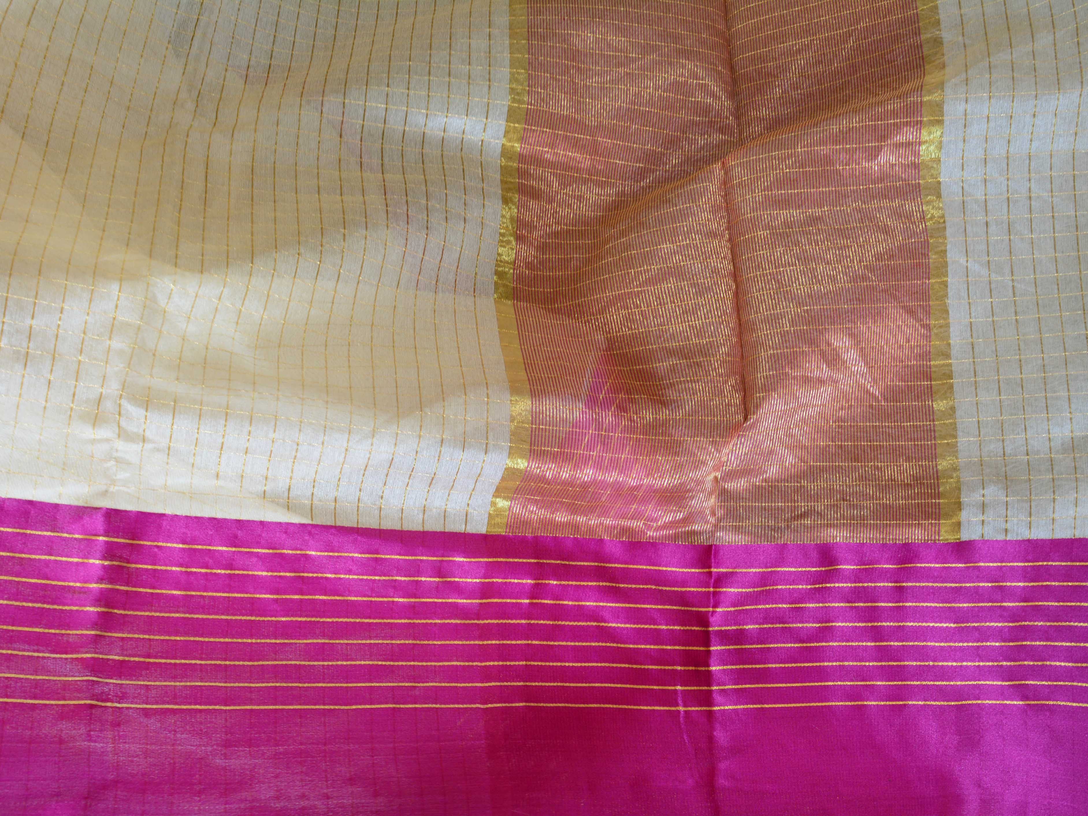 Banarasee/Banarasi Cotton Silk Mix Saree With Golden Checks & Purple Satin Border-Off-White
