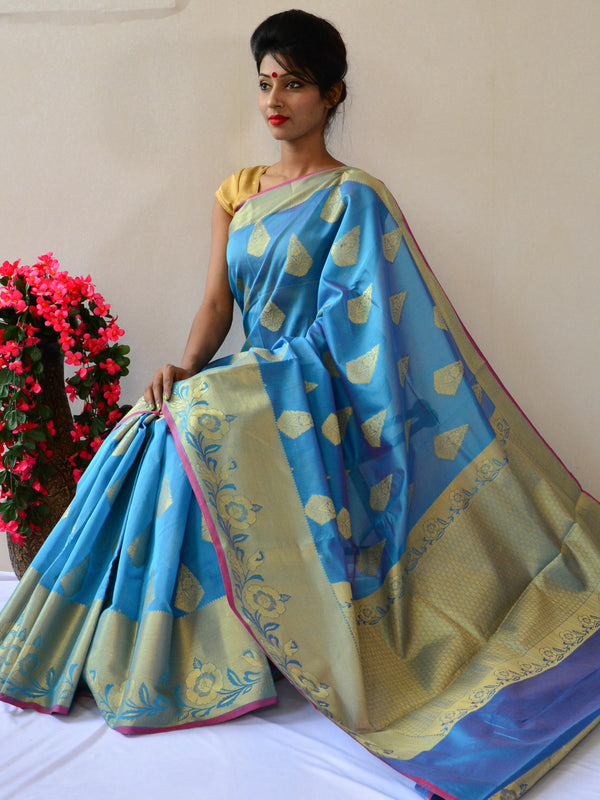 Banarasee/Banarasi Handloom Cotton Silk Mix Broad Border Sari-Blue