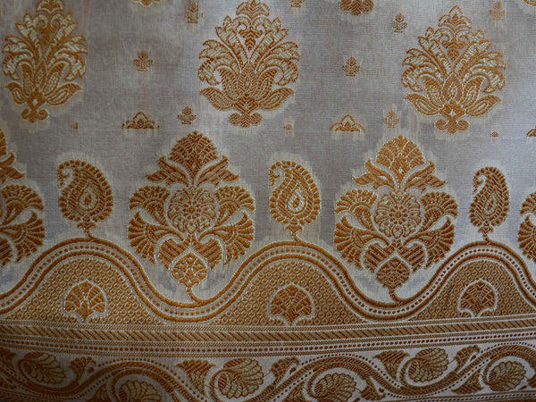 Banarasee/Banarasi Salwar Kameez Cotton Silk Resham Buti Woven Fabric-Off White