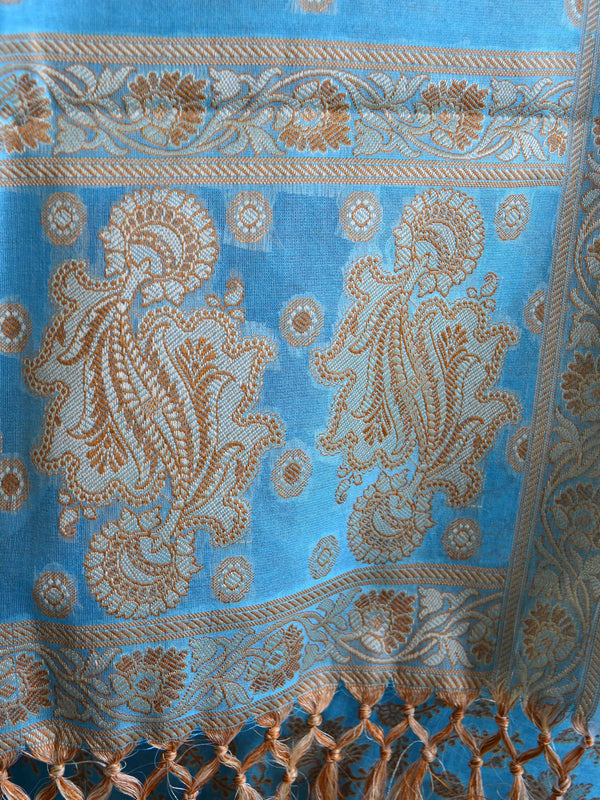 Banarasee/Banarasi Salwar Kameez Cotton Silk Resham Buti Woven Fabric-Blue