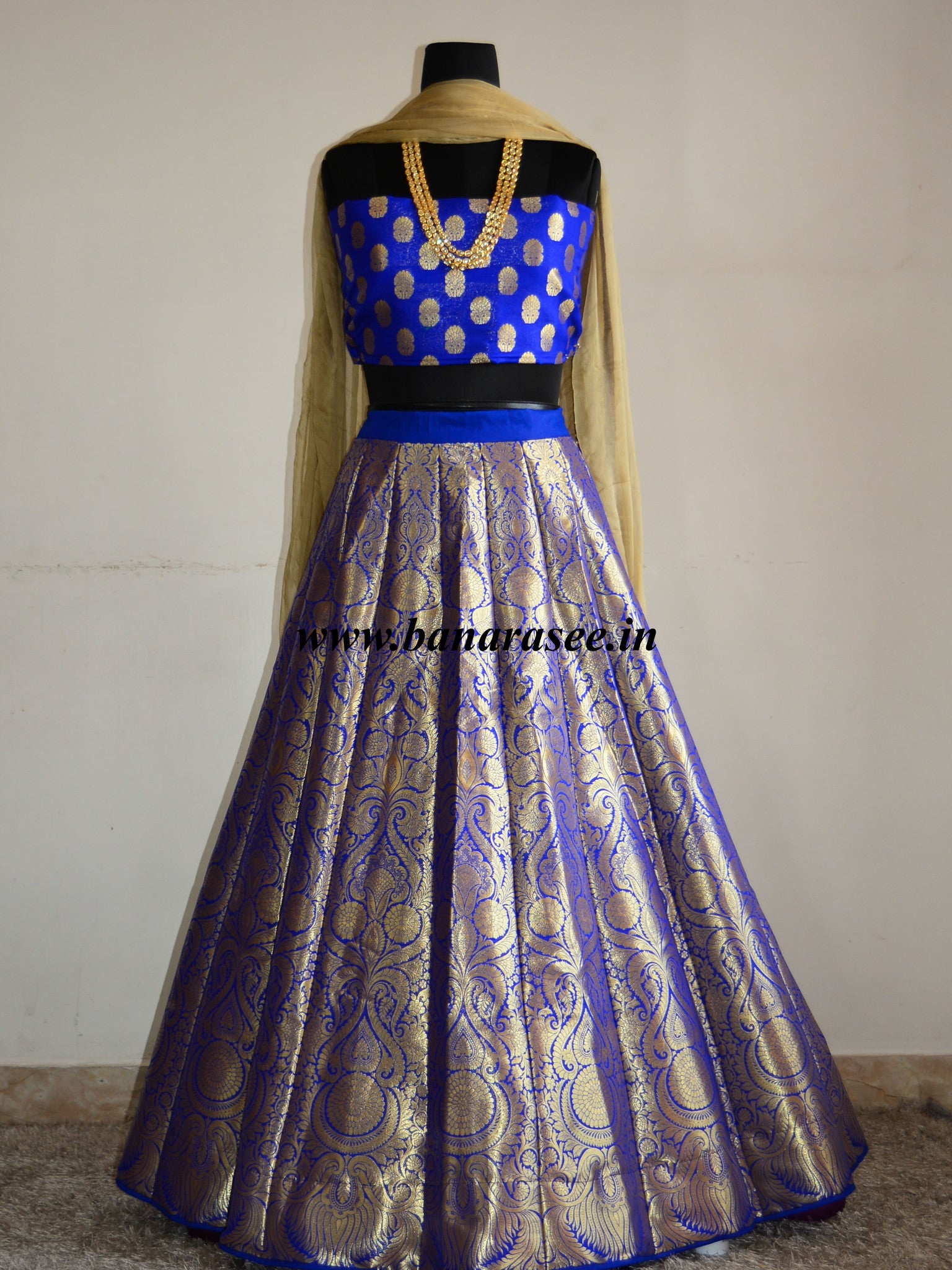 Banarasee/Banarasi Handwoven Art Silk Unstitched Lehenga & Blouse Fabric-Royal Blue