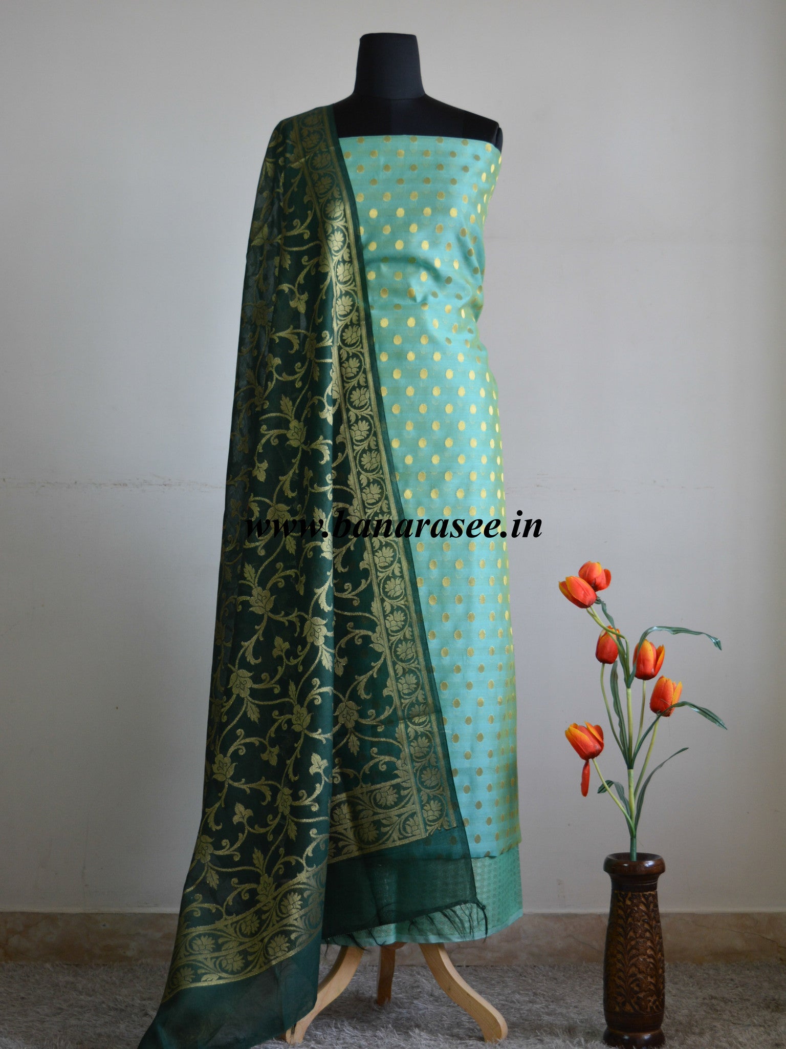 Banarasee Chanderi Cotton Salwar Kameez Zari Polka Dot Buti Design Fabric & Green Jaal Dupatta-Blue