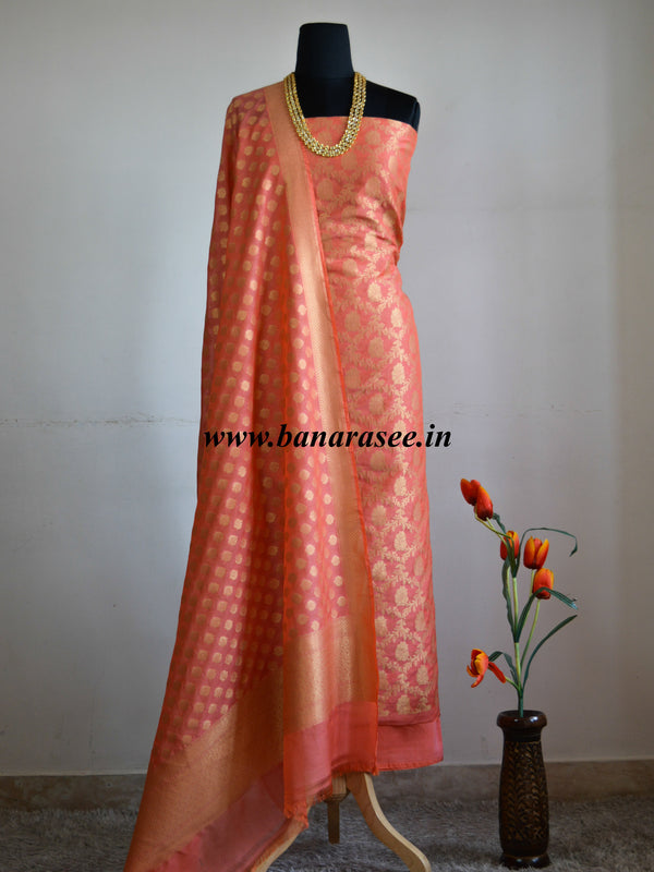 Banarasee/Banarasi Salwar Kameez Semi Silk Zari Jaal Work Fabric-Coral