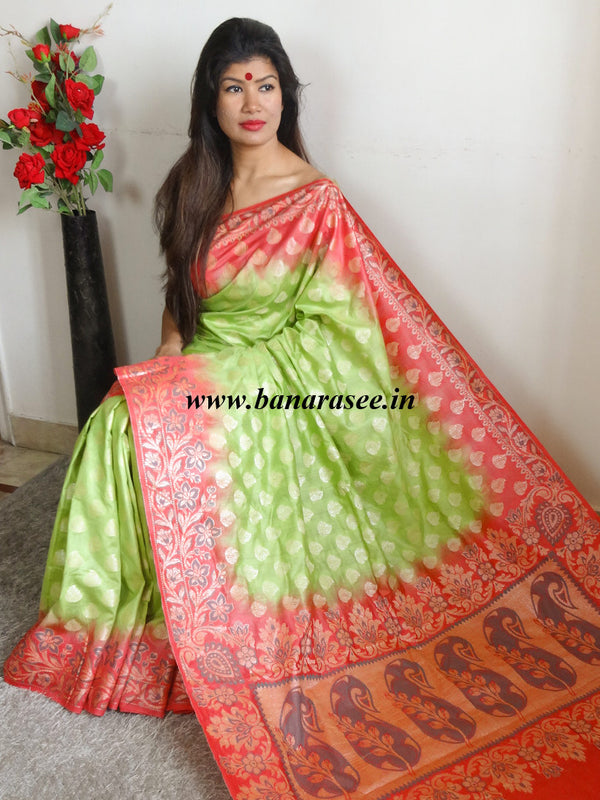 Banarasee Cotton Silk Saree With Zari Buti & Border-Green & Red