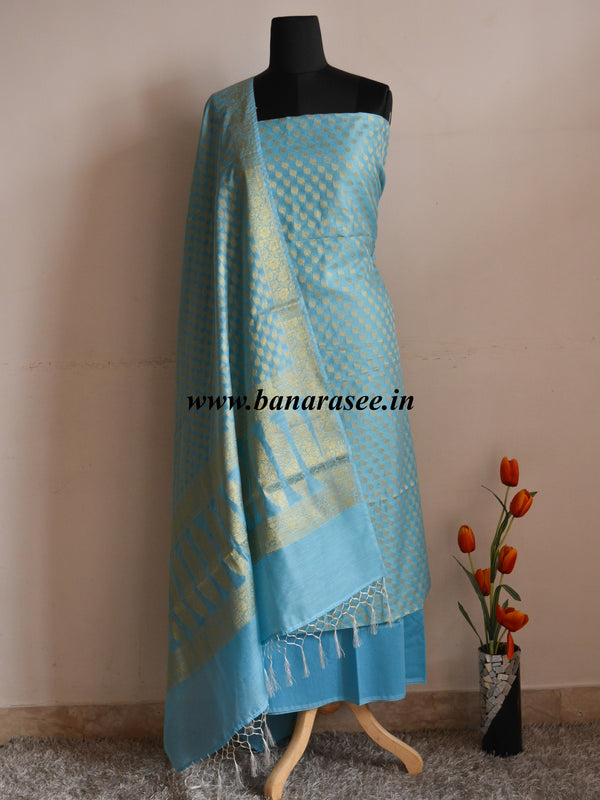 Banarasee/Banarasi Salwar Kameez Cotton Silk Gold Zari Buti Woven Fabric-Blue