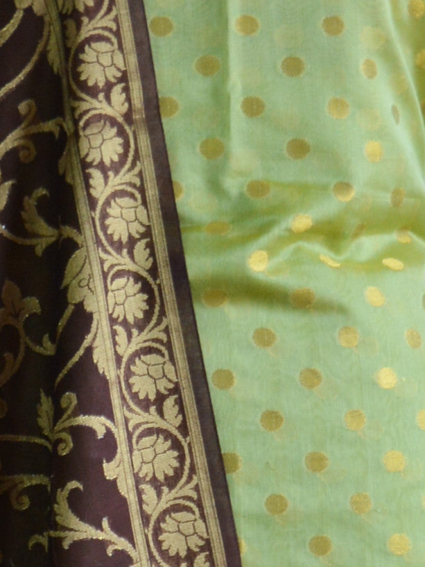 Banarasee Chanderi Cotton Salwar Kameez Zari Polka Dot Buti Design Fabric & Brown Jaal Dupatta-Green