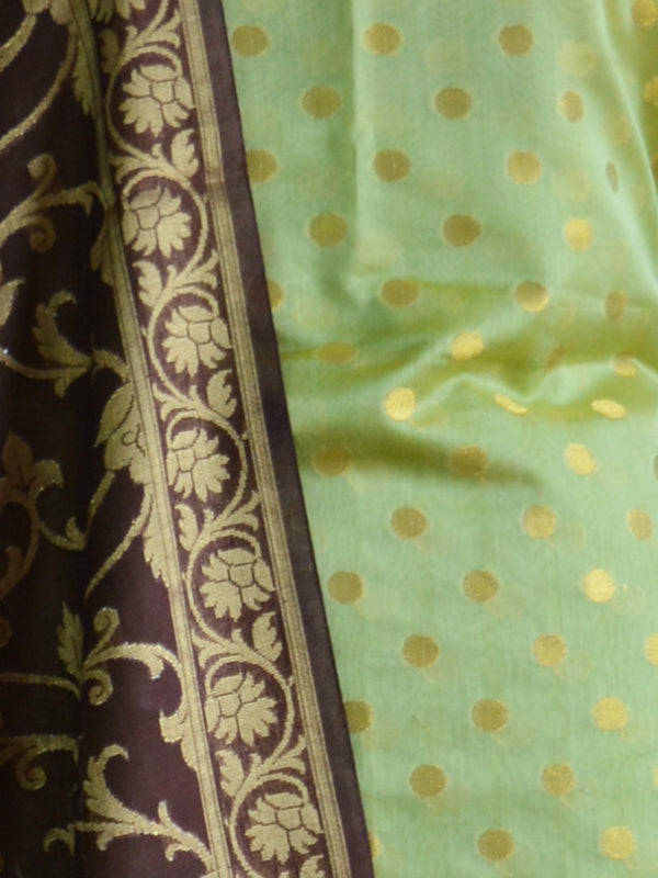 Banarasee Chanderi Cotton Salwar Kameez Zari Polka Dot Buti Design Fabric & Brown Jaal Dupatta-Green