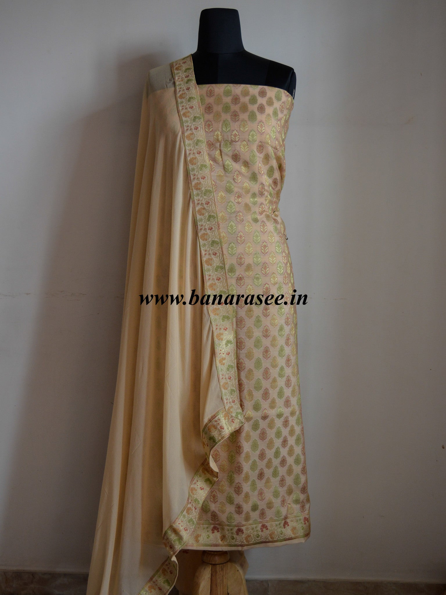 Banarasee/Banarasi Salwar Kameez Cotton Silk Woven Meena Buti Fabric-Beige