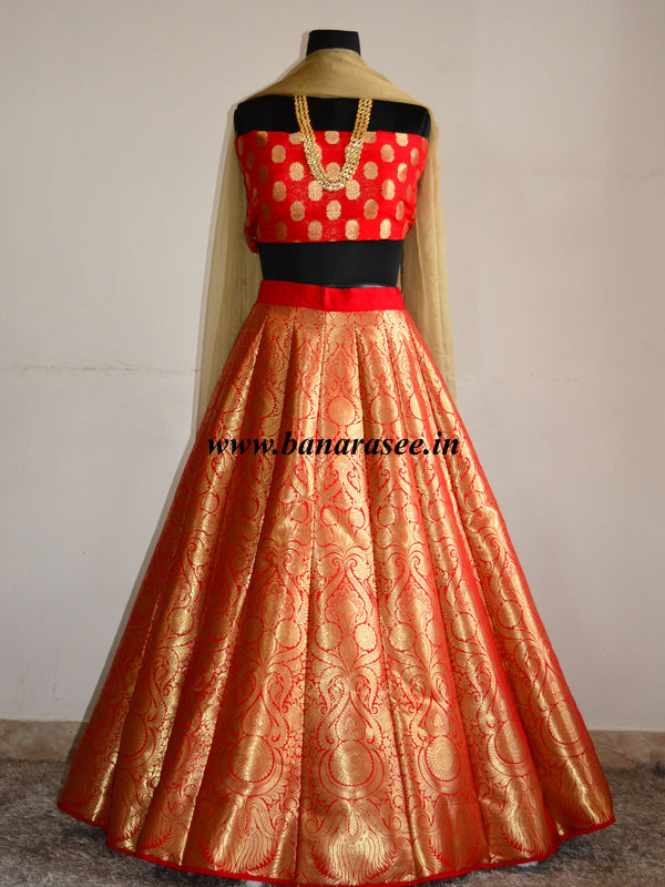 Banarasee/Banarasi Handwoven Art Silk Unstitched Lehenga & Blouse Fabric-Crimson Red