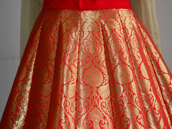 Banarasee/Banarasi Handwoven Art Silk Unstitched Lehenga & Blouse Fabric-Crimson Red