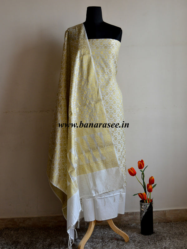 Banarasee/Banarasi Salwar Kameez Cotton Silk Gold Zari Floral Jaal Woven Fabric-Off White