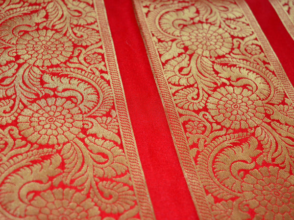 Banarasee/Banarasi Handwoven Art Silk Unstitched Lehenga & Blouse Fabric-Crimson Red