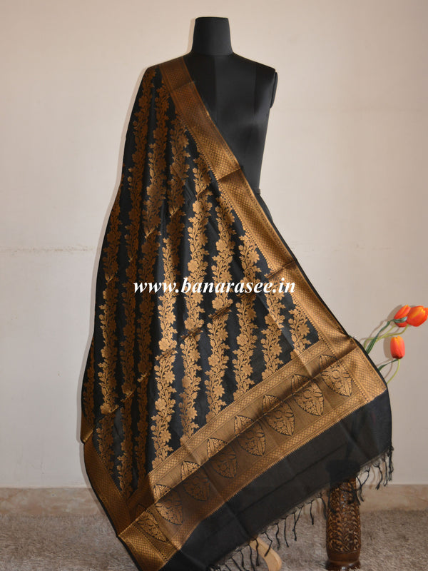 Banarasee Handloom Pure Silk Zari Woven Jaal Dupatta-Black