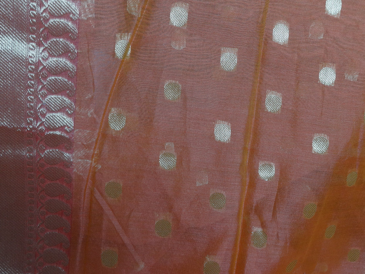 Banarasee Chanderi Cotton Zari Polka Dots With Skirt Border - Orange