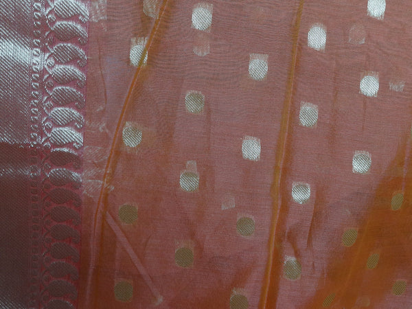Banarasee Chanderi Cotton Zari Polka Dots With Skirt Border - Orange
