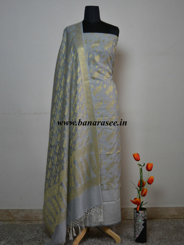 Banarasee/Banarasi Salwar Kameez Cotton Silk Gold Zari Buti Woven Fabric-Grey