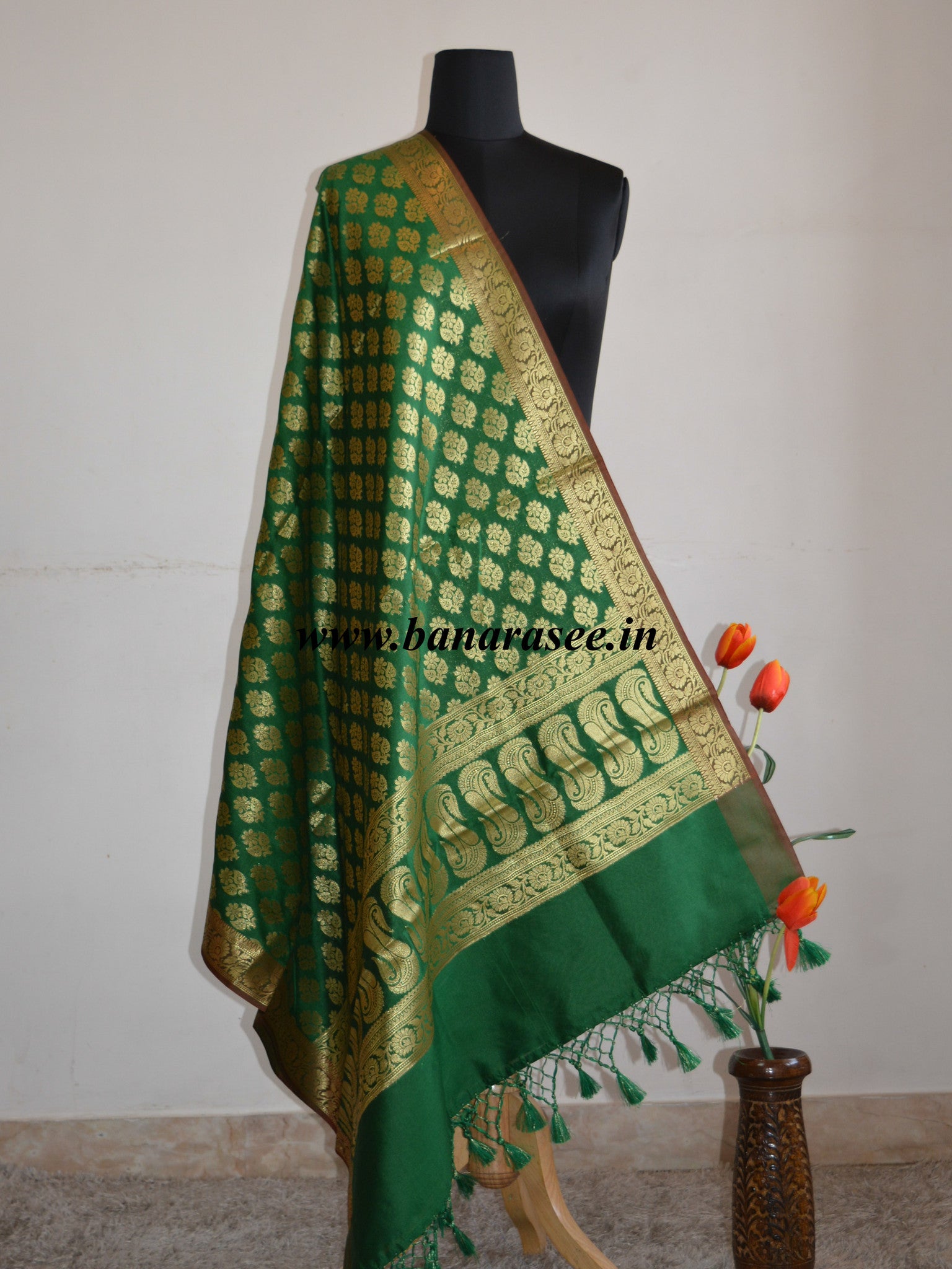 Banarasee Art Silk Dupatta With Zari Buti & Pallu-Deep Green