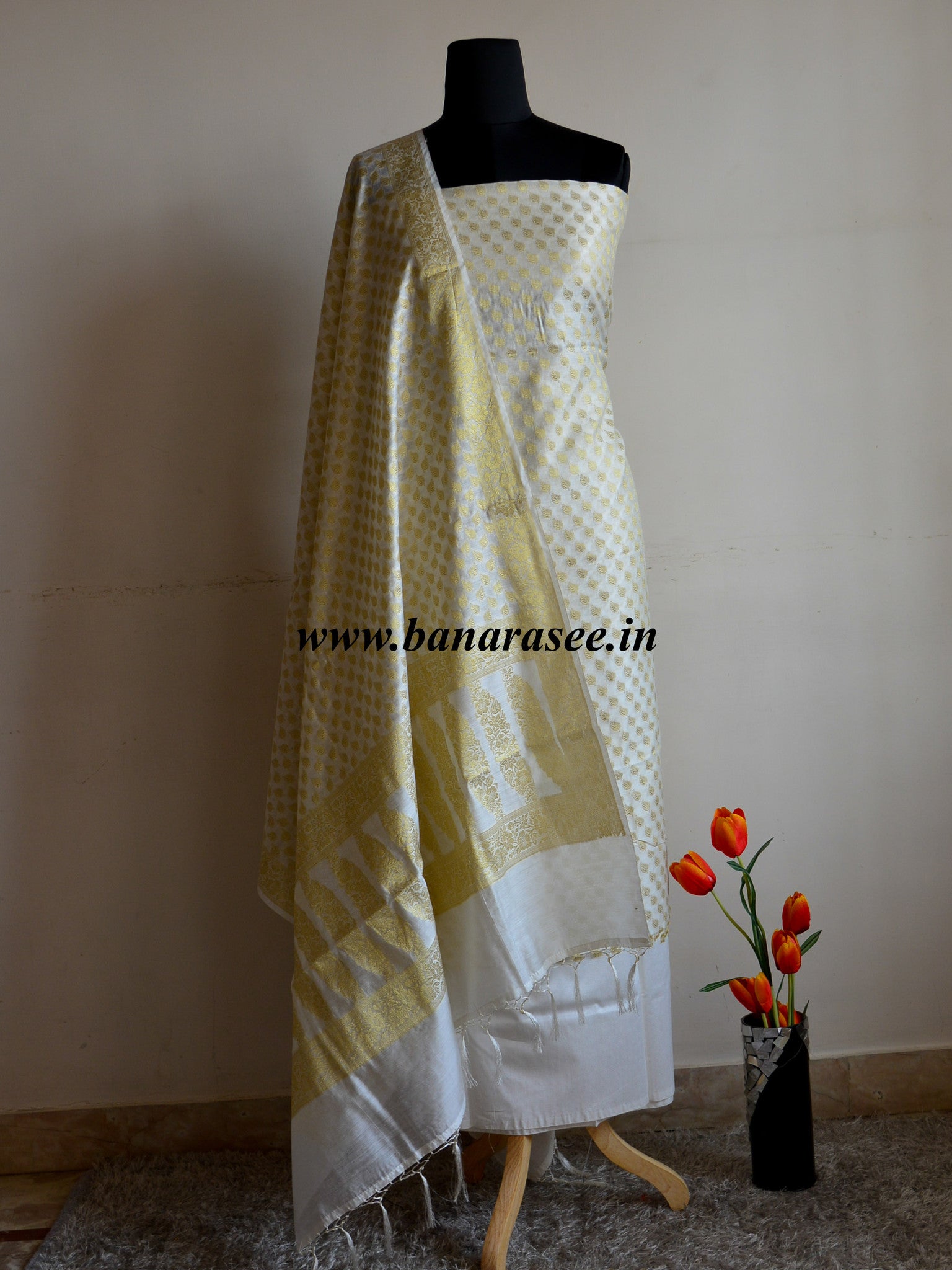 Banarasee/Banarasi Salwar Kameez Cotton Silk Gold Zari Small Buti Woven Fabric-Off White