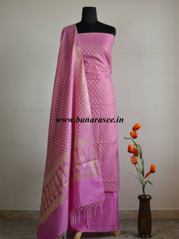 Banarasee/Banarasi Salwar Kameez Cotton Silk Gold Zari Leaf Buti Woven Fabric-Pink