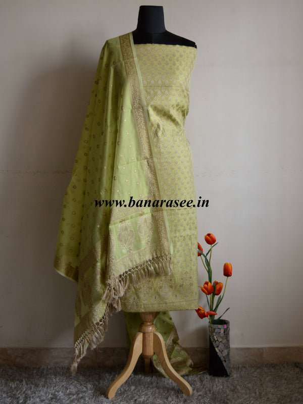 Banarasee/Banarasi Salwar Kameez Cotton Silk Resham Woven With Buti Design Fabric-Green