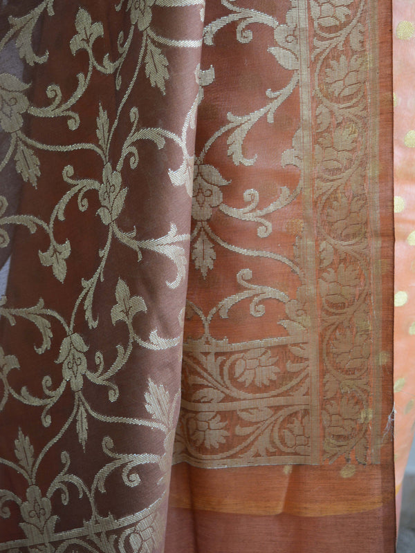 Banarasee Chanderi Cotton Salwar Kameez Zari Polka Dot Buti Design Fabric & Rust Jaal Dupatta-Orange