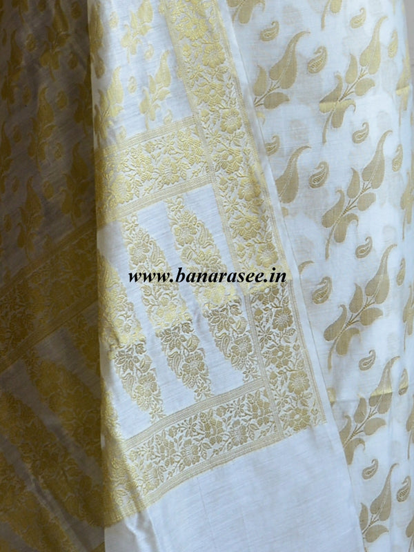 Banarasee/Banarasi Salwar Kameez Cotton Silk Gold Zari Leaf Buti Woven Fabric-Off White