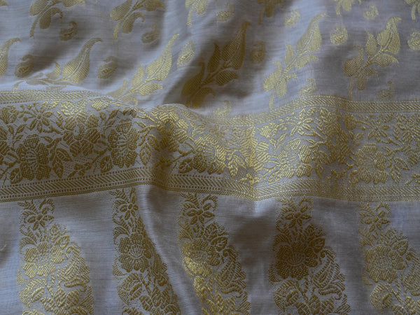 Banarasee/Banarasi Salwar Kameez Cotton Silk Gold Zari Leaf Buti Woven Fabric-Off White
