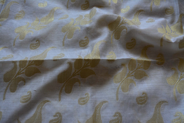 Banarasee/Banarasi Salwar Kameez Cotton Silk Gold Zari Leaf Buti Woven Fabric-Off White