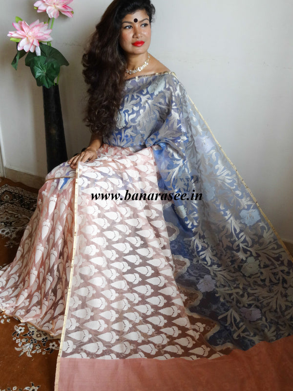 Banarasee/Banarasee Pure Net & Linen Handloom Saree in Half & Half Design-Pink & Blue