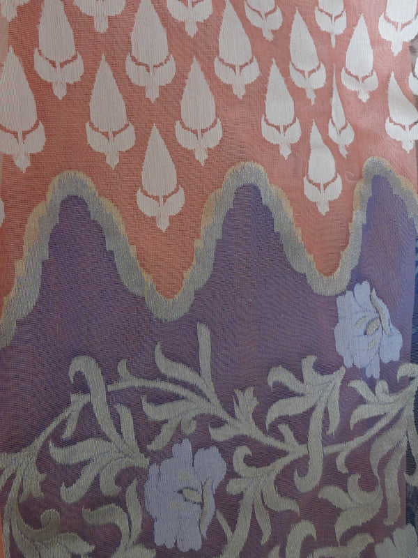 Banarasee/Banarasee Pure Net & Linen Handloom Saree in Half & Half Design-Pink & Blue