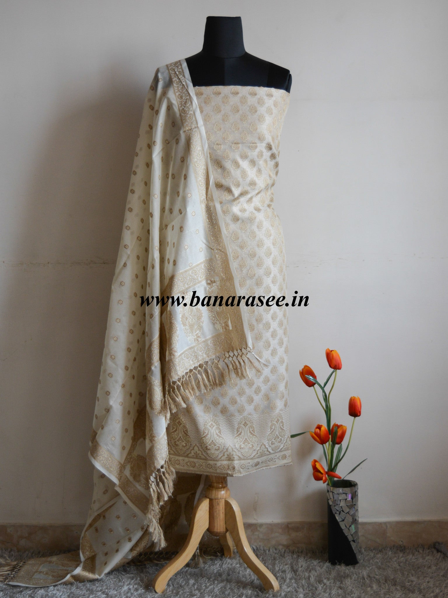 Banarasee/Banarasi Salwar Kameez Cotton Silk Resham Woven With Buti Design Fabric-Off White