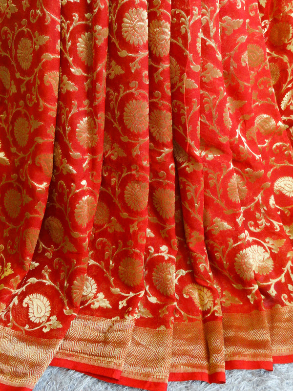 Banarasee/Banarasi Pure Khaddi Georgette Sari With Golden Zari Floral Jaal-Deep Red