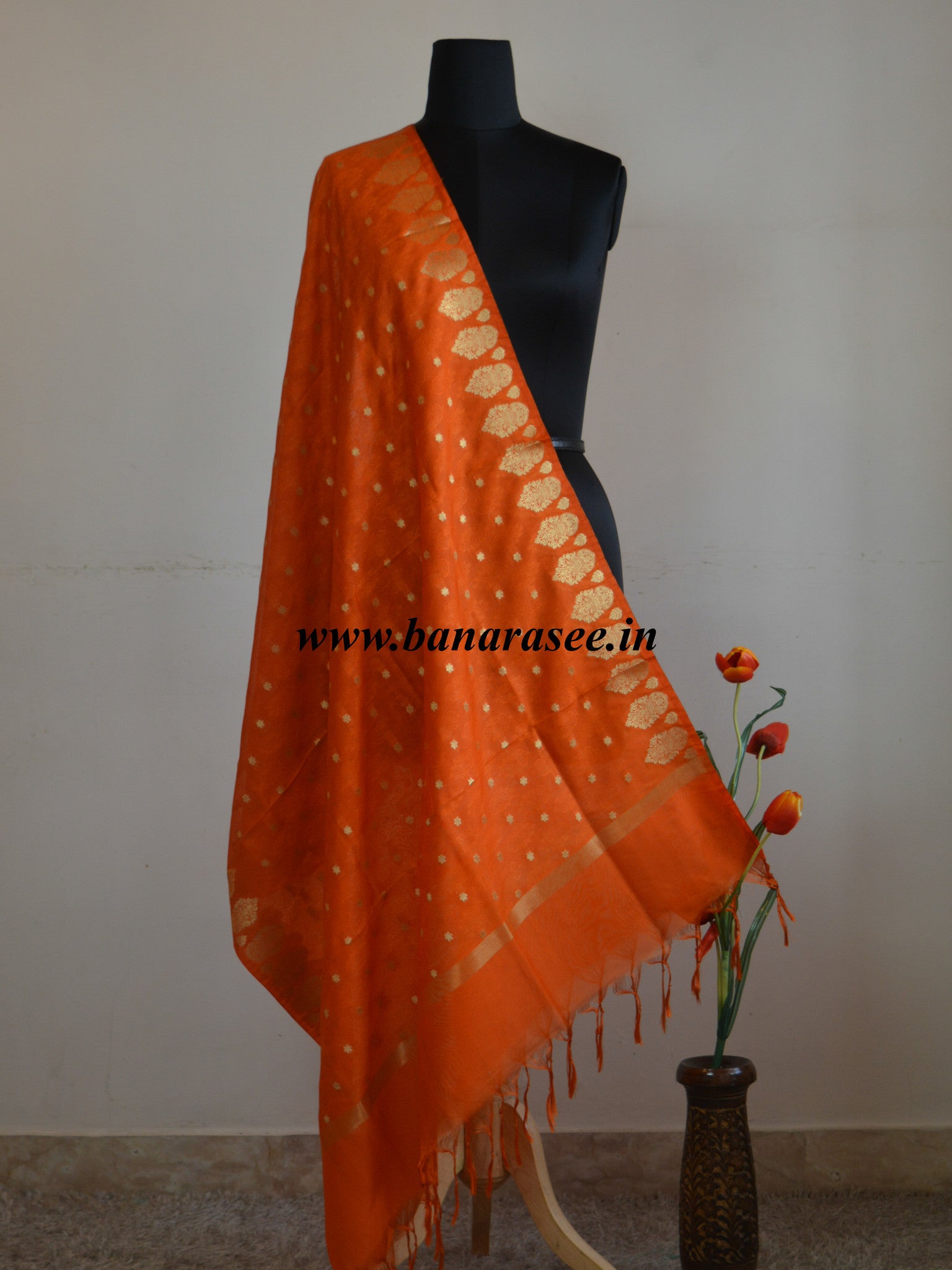 Art Silk Dupatta Vase Design on Border-Orange
