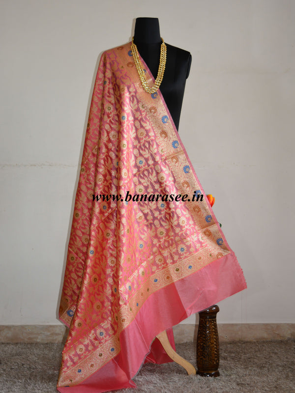 Banarasee Semi Silk Glossy Floral Jaal Zari Dupatta-Peach