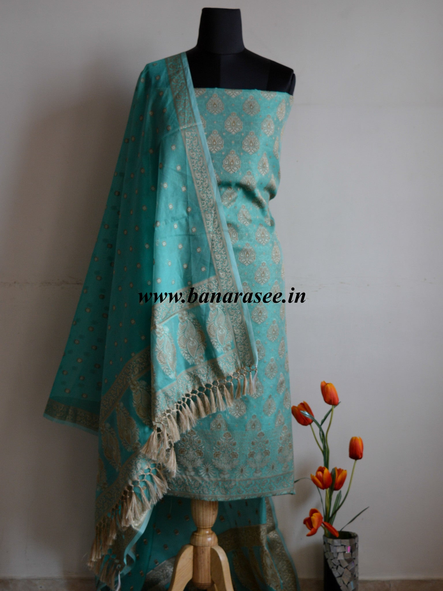 Banarasee/Banarasi Salwar Kameez Cotton Silk Resham Woven With Buti Design Fabric-Sea Green