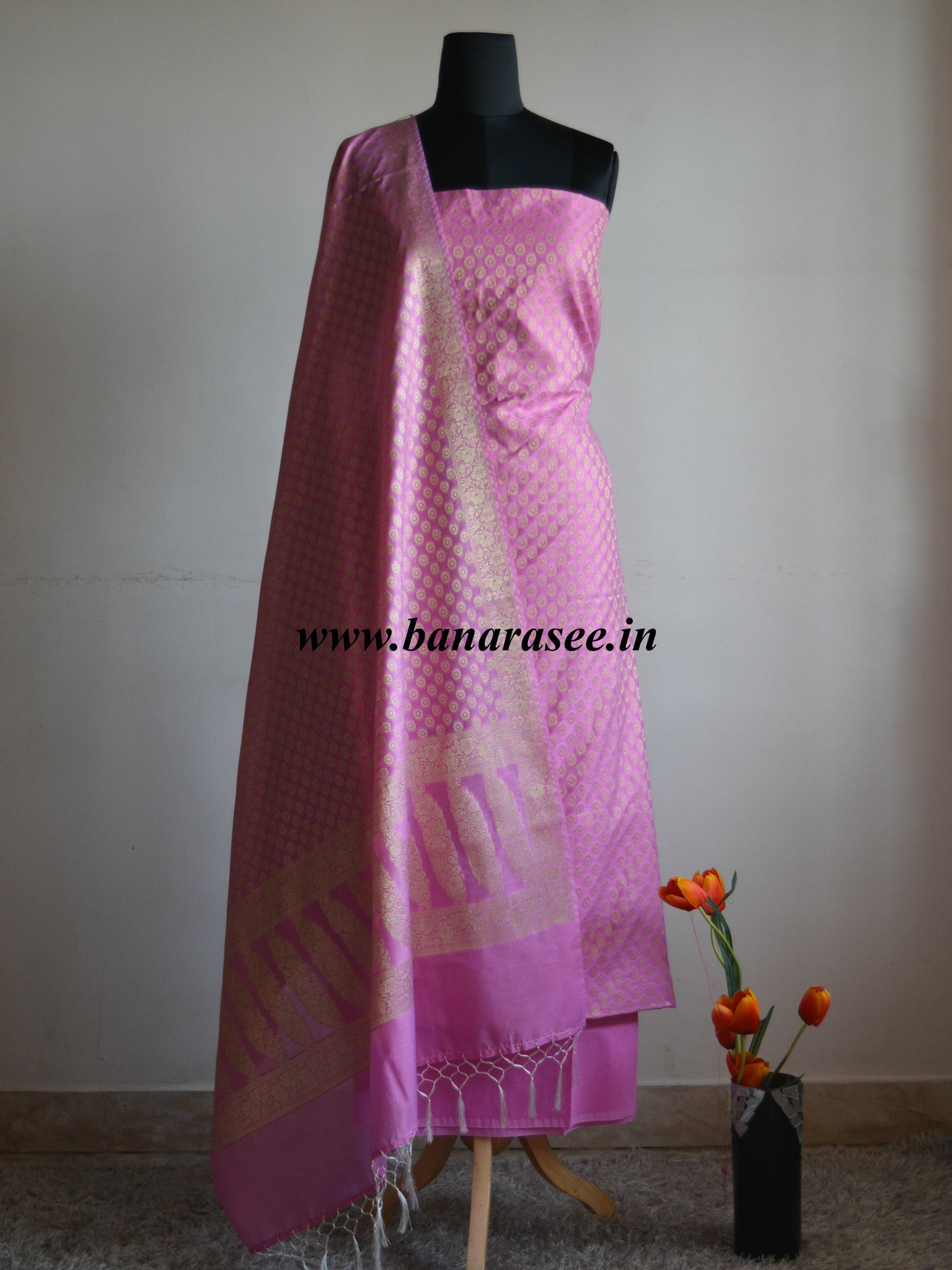 Banarasee/Banarasi Salwar Kameez Cotton Silk Gold Zari Buti Woven Fabric-Pink