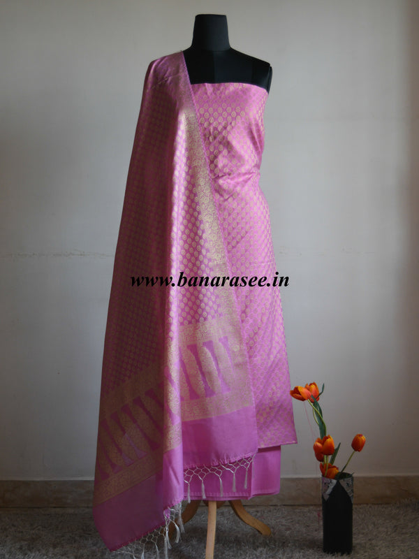 Banarasee/Banarasi Salwar Kameez Cotton Silk Gold Zari Buti Woven Fabric-Pink