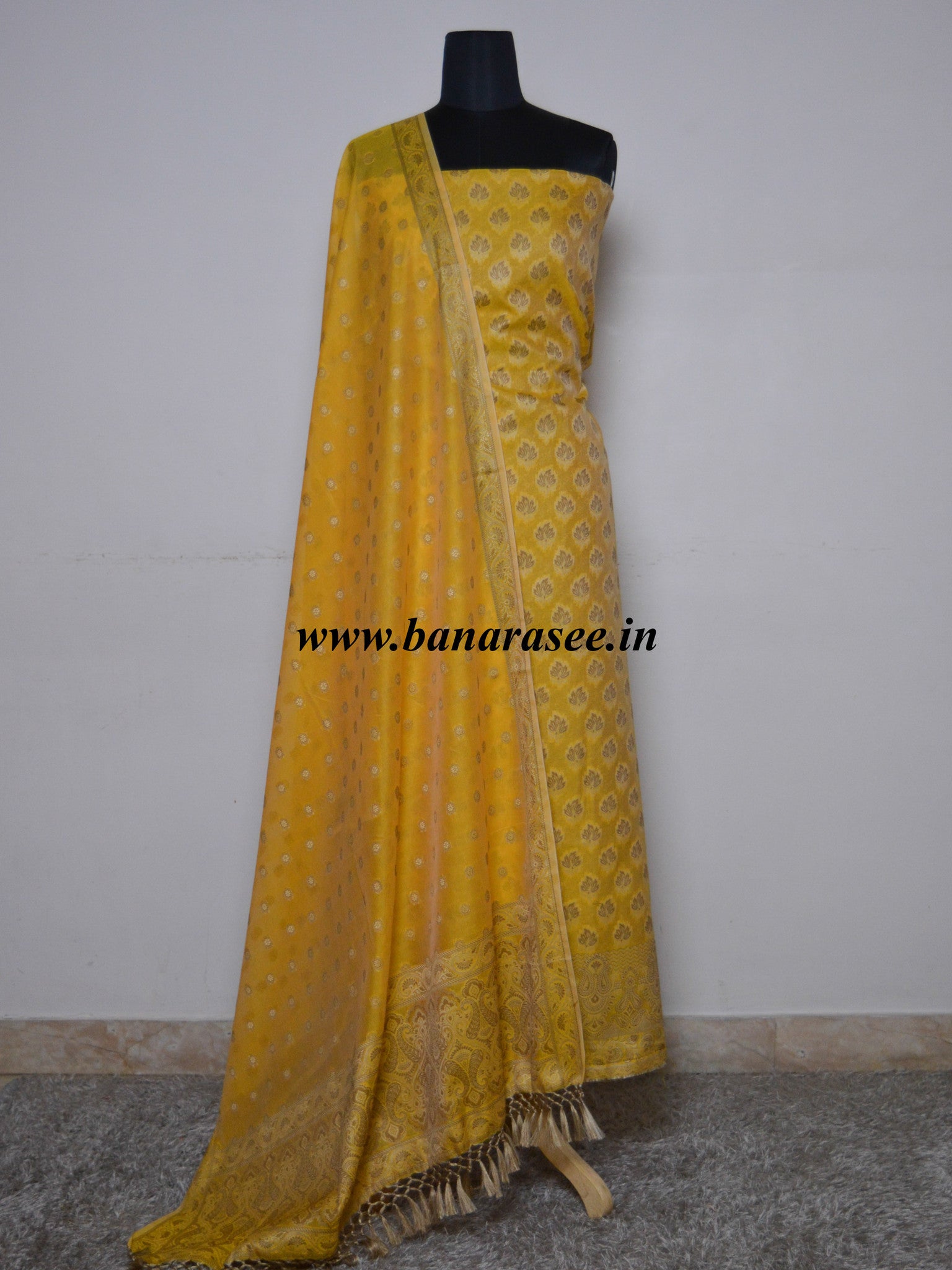 Banarasee/Banarasi Salwar Kameez Cotton Silk Resham Buti Woven Fabric-Mustard