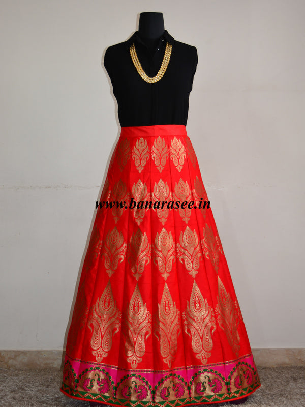Banarasee/Banarasi Handwoven Art Silk Unstitched Lehenga Fabric-Red