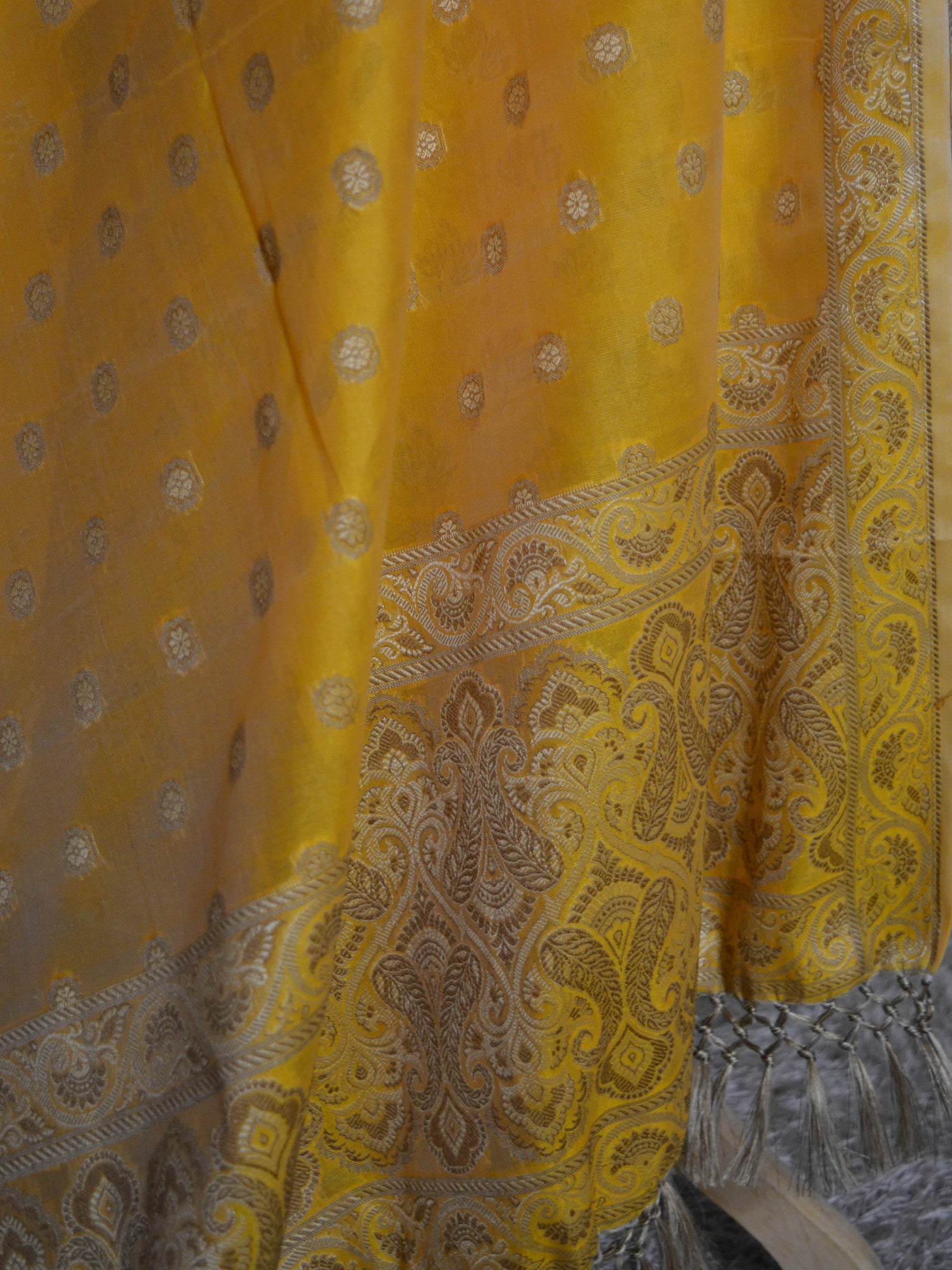 Banarasee/Banarasi Salwar Kameez Cotton Silk Resham Buti Woven Fabric-Mustard
