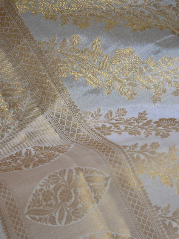Banarasee Handloom Pure Silk Zari Woven Jaal Dupatta-Off White